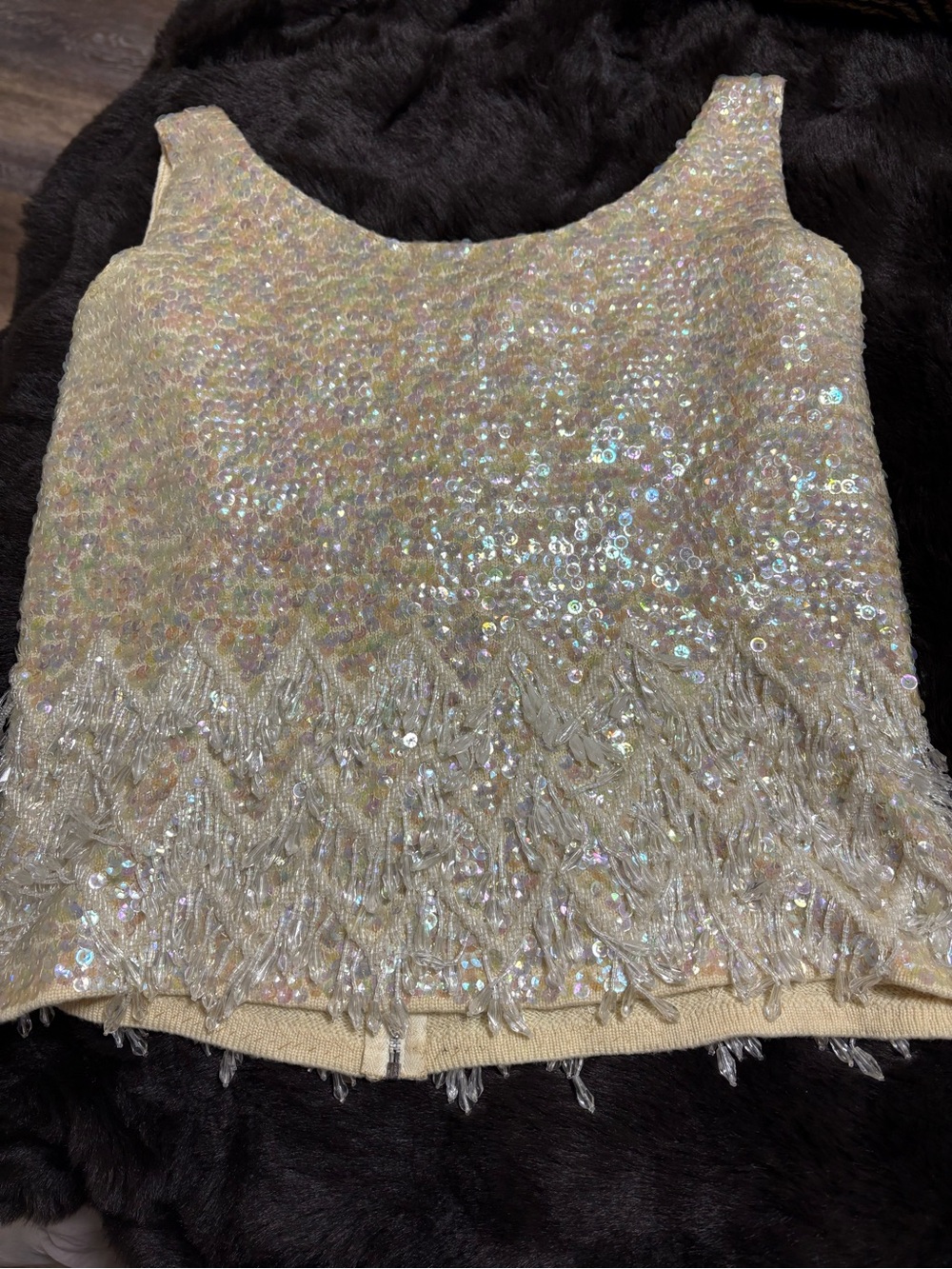 Vintage Gold Sequin Beaded Fringe Sleeveless Top Size Small 100% Wool